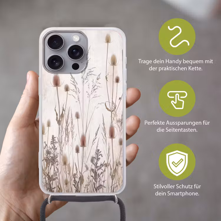 Weidebloemen - Design - Sepia Hoesje iPhone 16 Pro Max met koord klein -sfeer2_DE