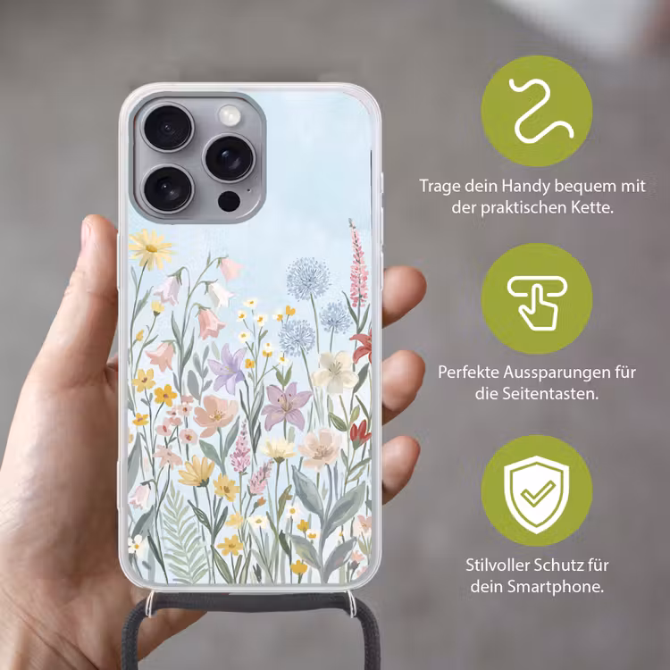 Weidebloemen - Illustratie - Kleurrijk Hoesje iPhone 16 Pro Max met koord klein -sfeer2_DE