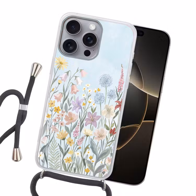 Weidebloemen - Illustratie - Kleurrijk Hoesje iPhone 16 Pro Max met koord klein -sfeer1
