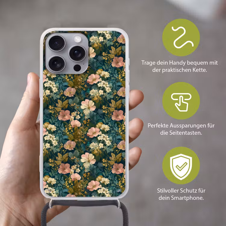 Wilde bloemen - Botanisch - Patroon - Roze - Romantisch Hoesje iPhone 16 Pro Max met koord klein 804 -sfeer2_DE