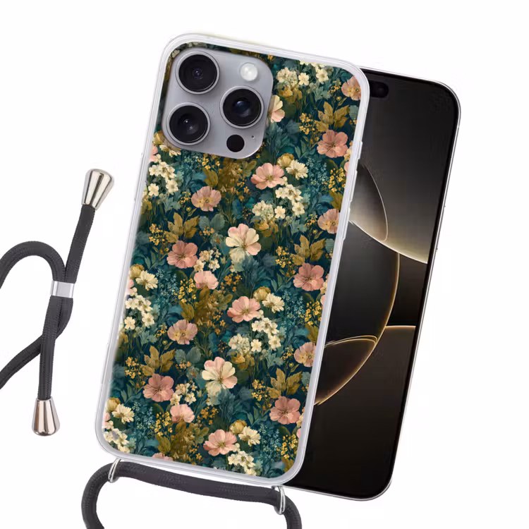 Wilde bloemen - Botanisch - Patroon - Roze - Romantisch Hoesje iPhone 16 Pro Max met koord klein 804 -sfeer1
