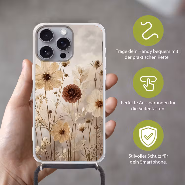 Wilde bloemen - Botanisch - Vintage - Natuur - Rustiek Hoesje iPhone 16 Pro Max met koord klein -sfeer2_DE