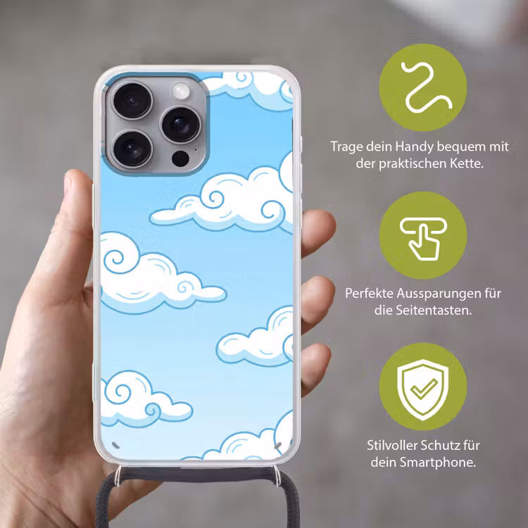 Wolk - Lucht - Cartoon - Blauw - Wit Hoesje iPhone 16 Pro Max met koord klein -sfeer2_DE