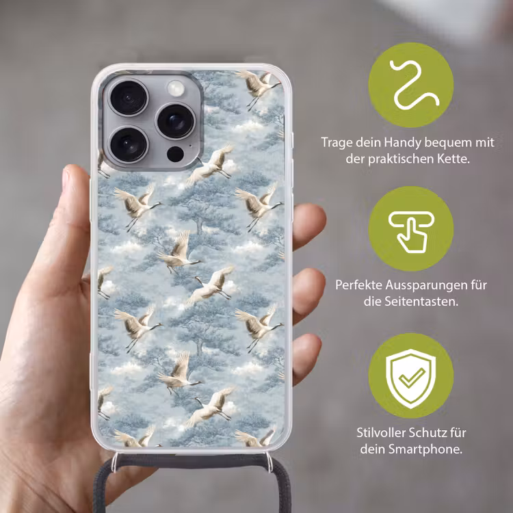 Wolken - Kraanvogels - Blauw Hoesje iPhone 16 Pro Max met koord klein 804 -sfeer2_DE
