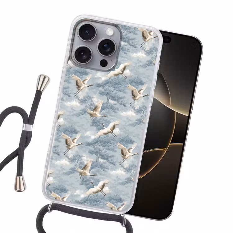 Wolken - Kraanvogels - Blauw Hoesje iPhone 16 Pro Max met koord klein 804 -sfeer1