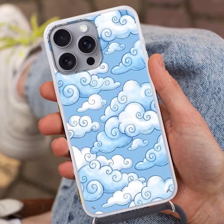 Wolken - Patroon - Hemel - Illustratie - Wit Hoesje iPhone 16 Pro Max met koord klein -sfeer3