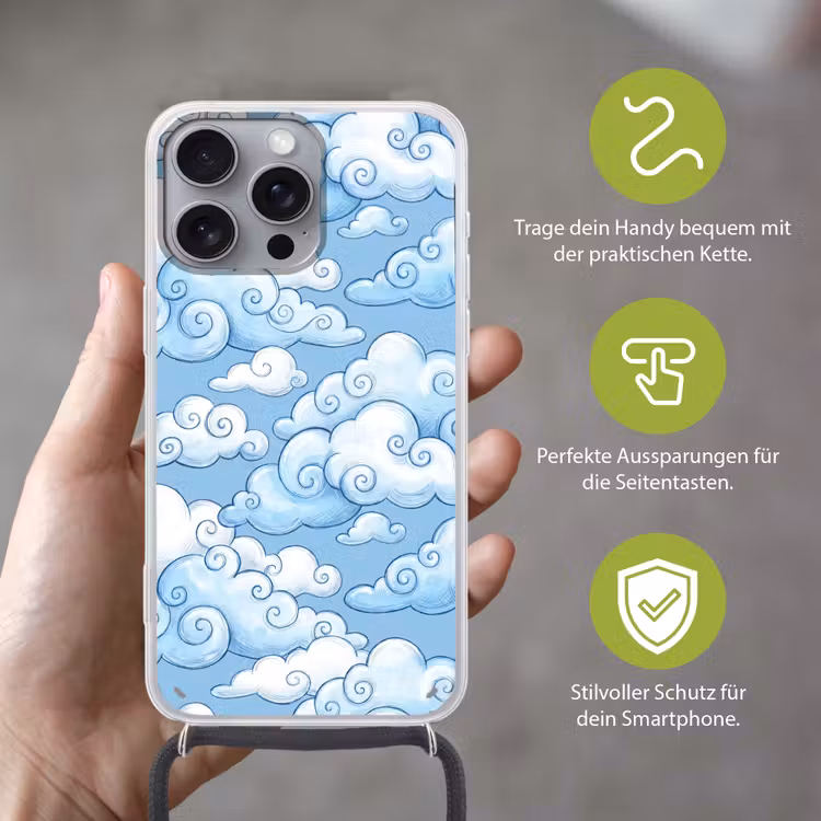 Wolken - Patroon - Hemel - Illustratie - Wit Hoesje iPhone 16 Pro Max met koord klein -sfeer2_DE