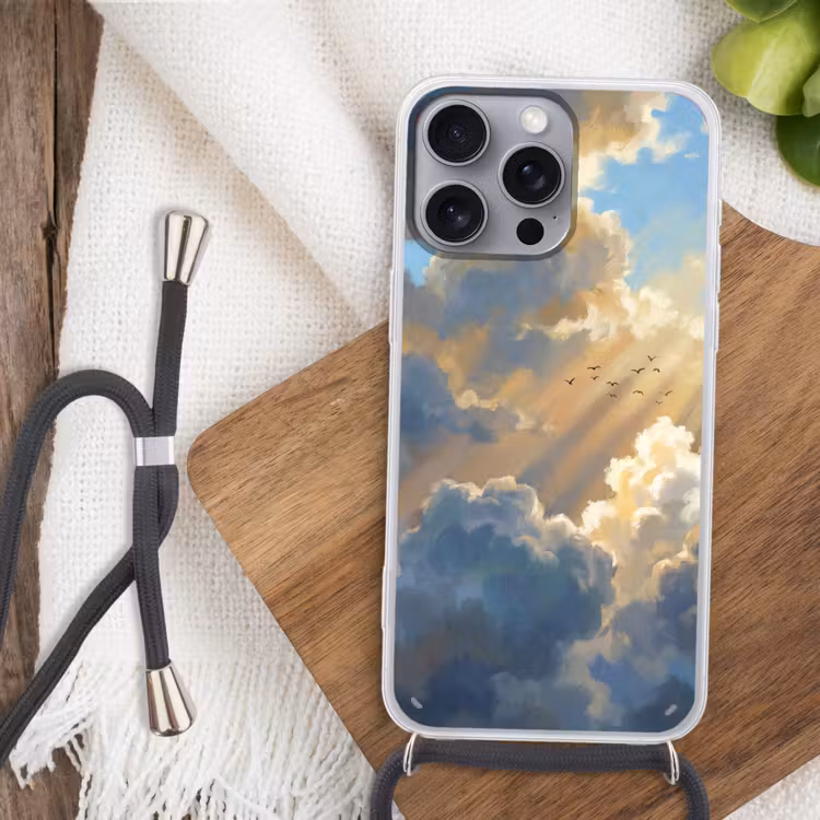 Wolken - Zonnestralen - Natuur - Abstract - Blauw Hoesje iPhone 16 Pro Max met koord klein -sfeer4