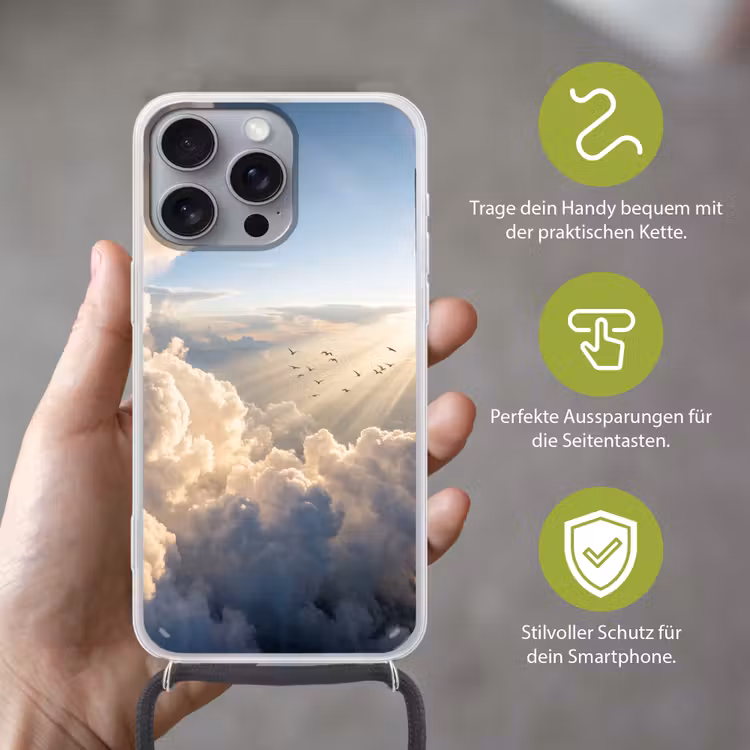 Wolken - Zonnestralen - Natuur - Wit Hoesje iPhone 16 Pro Max met koord klein -sfeer2_DE