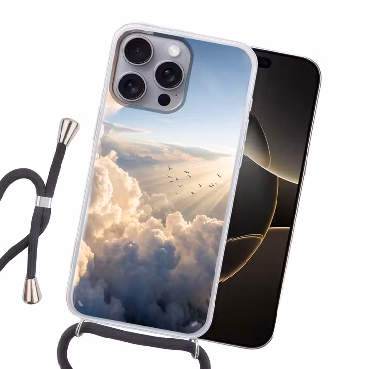Wolken - Zonnestralen - Natuur - Wit Hoesje iPhone 16 Pro Max met koord klein -sfeer1