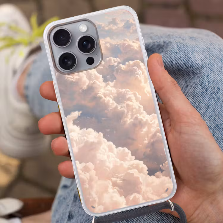 Wolken - Zonsondergang - Natuur - Pastel - Roze Hoesje iPhone 16 Pro Max met koord klein -sfeer3