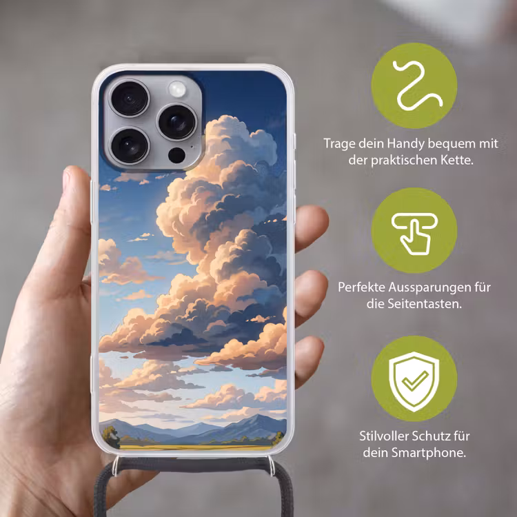 Wolken - Daghemel - Natuur - Illustratie - Oranje Hoesje iPhone 16 Pro Max met koord klein -sfeer2_DE