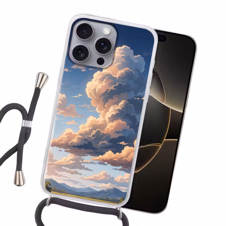 Wolken - Daghemel - Natuur - Illustratie - Oranje Hoesje iPhone 16 Pro Max met koord klein -sfeer1
