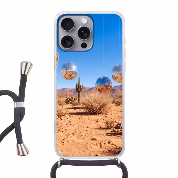 Handyhülle mit Band - Wüste – Spiegelkugel – Kunst - Woestijn - Spiegelbal - Kunst Hoesje iPhone 16 Pro Max met koord klein
