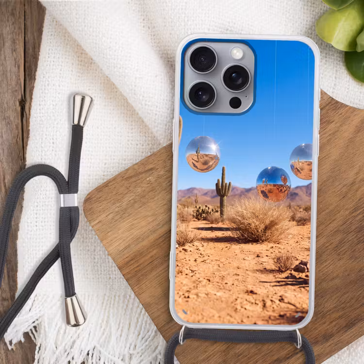 Handyhülle mit Band - Wüste – Spiegelkugel – Kunst - Woestijn - Spiegelbal - Kunst Hoesje iPhone 16 Pro Max met koord klein