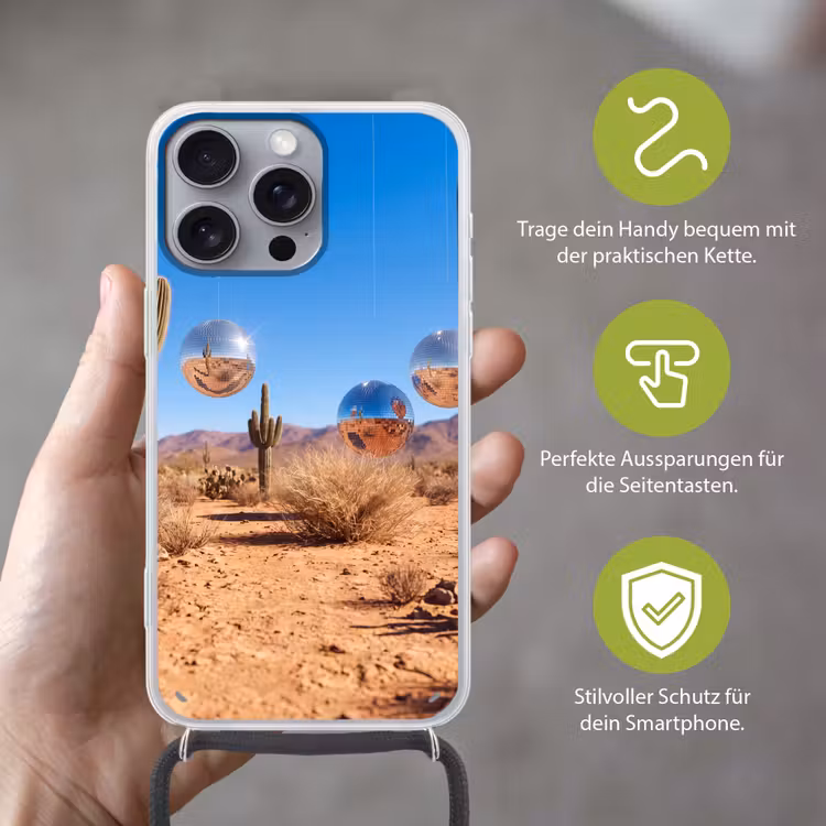 Handyhülle mit Band - Wüste – Spiegelkugel – Kunst - Woestijn - Spiegelbal - Kunst Hoesje iPhone 16 Pro Max met koord klein