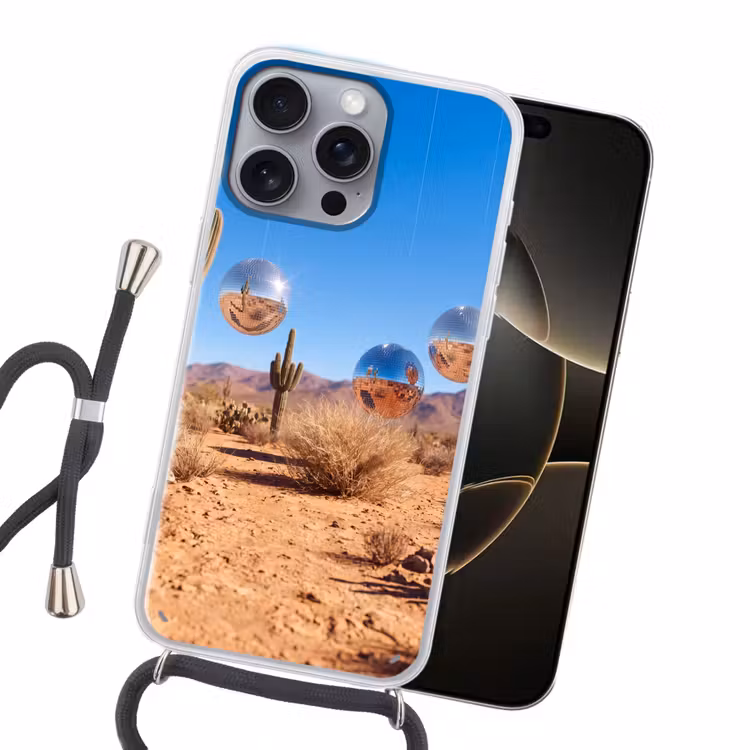 Handyhülle mit Band - Wüste – Spiegelkugel – Kunst - Woestijn - Spiegelbal - Kunst Hoesje iPhone 16 Pro Max met koord klein