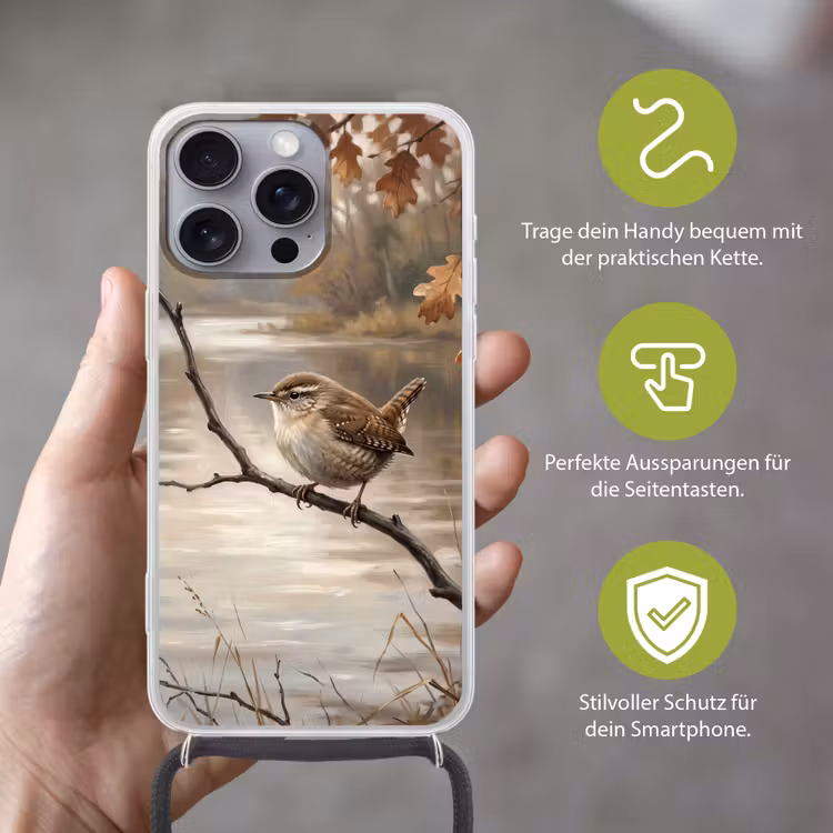 Winterkoninkje - Tak - Rivier - Natuur - Sfeervol Hoesje iPhone 16 Pro Max met koord klein -sfeer2_DE