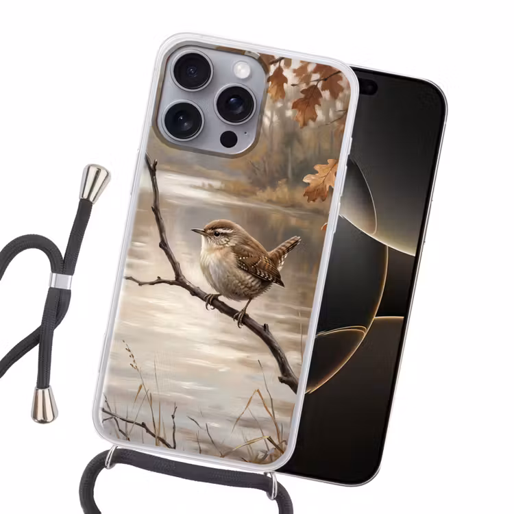Winterkoninkje - Tak - Rivier - Natuur - Sfeervol Hoesje iPhone 16 Pro Max met koord klein -sfeer1