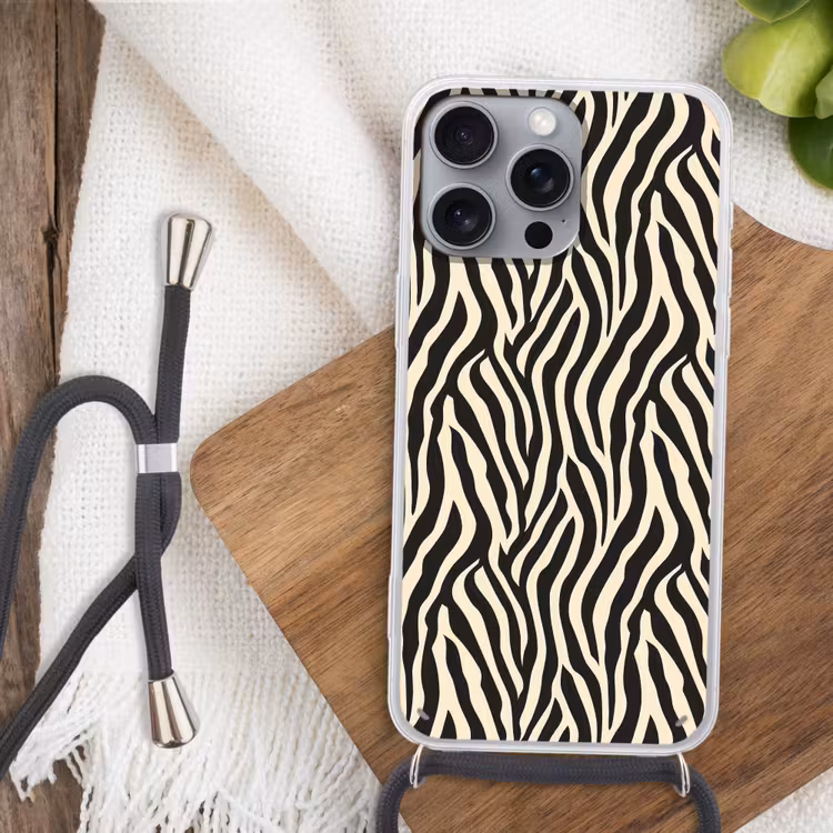 Zebra - Print - Klassiek - Zwart Hoesje iPhone 16 Pro Max met koord klein 804 -sfeer4