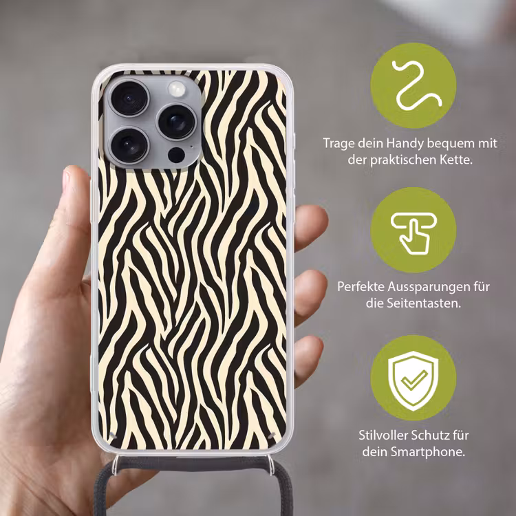 Zebra - Print - Klassiek - Zwart Hoesje iPhone 16 Pro Max met koord klein 804 -sfeer2_DE