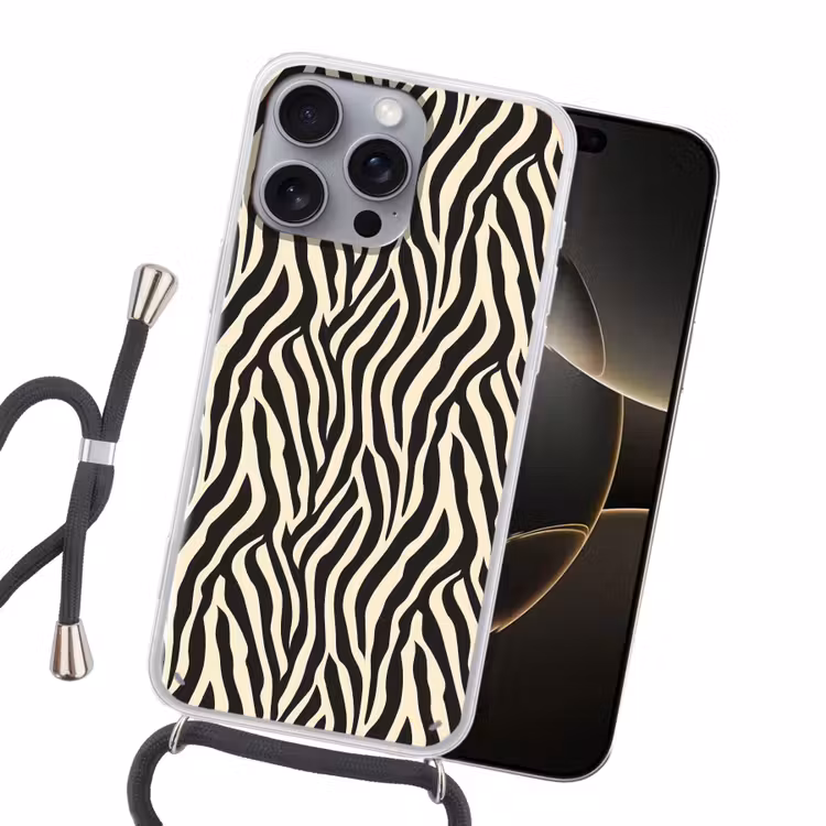 Zebra - Print - Klassiek - Zwart Hoesje iPhone 16 Pro Max met koord klein 804 -sfeer1