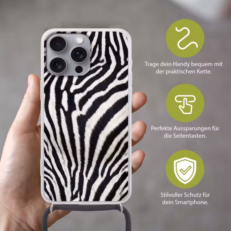 Zebra - Vacht - Klassiek - Zwart - Wit Hoesje iPhone 16 Pro Max met koord klein -sfeer2_DE