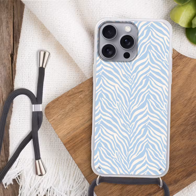 Zebra - Motief - Blauw - Wit Hoesje iPhone 16 Pro Max met koord klein 804 -sfeer4