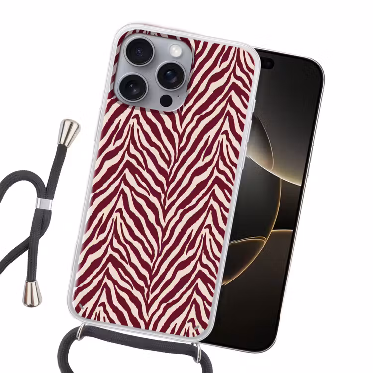 Zebra - Motief - Bordeaux - Rood Hoesje iPhone 16 Pro Max met koord klein 804 -sfeer1