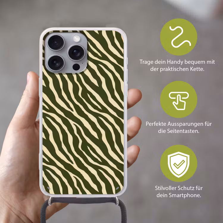 Zebra - Patroon - Groen Hoesje iPhone 16 Pro Max met koord klein 804 -sfeer2_DE
