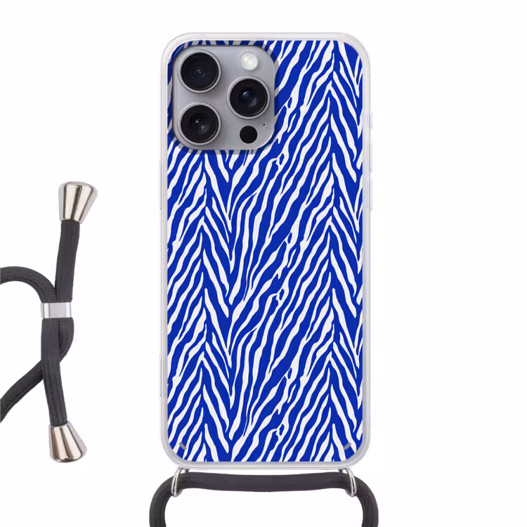 Zebra - Patroon - Kobalt - Blauw Hoesje iPhone 16 Pro Max met koord klein 804 -3d