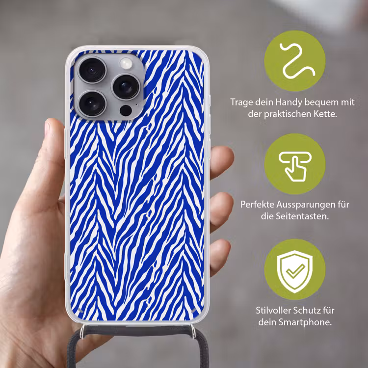 Zebra - Patroon - Kobalt - Blauw Hoesje iPhone 16 Pro Max met koord klein 804 -sfeer2_DE