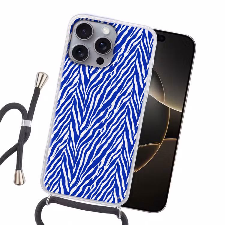 Zebra - Patroon - Kobalt - Blauw Hoesje iPhone 16 Pro Max met koord klein 804 -sfeer1