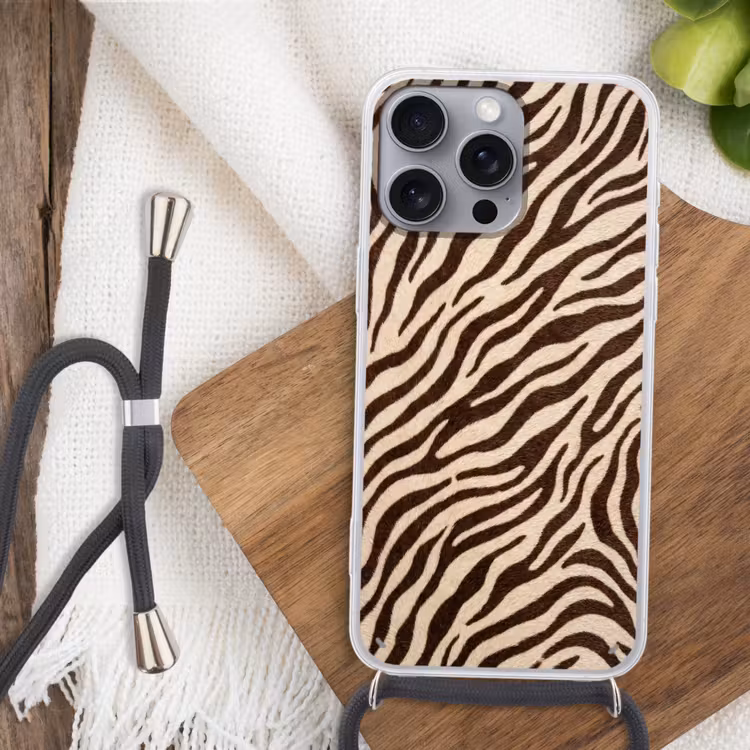 Zebra - Strepen - Bruin Hoesje iPhone 16 Pro Max met koord klein -sfeer4
