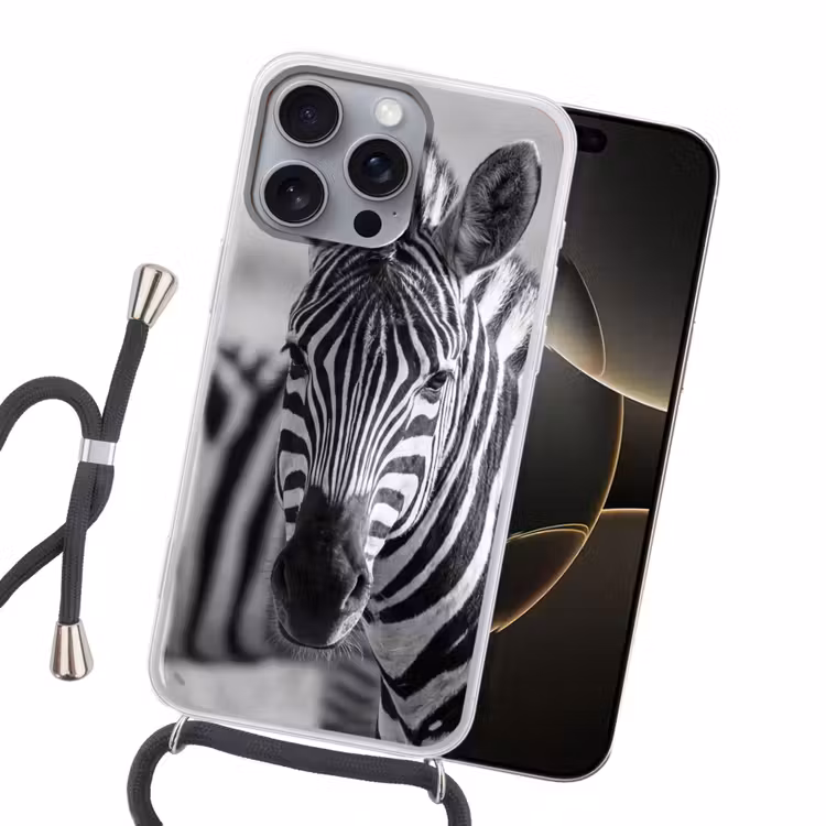 Zebra's - Zwart - Wit Hoesje iPhone 16 Pro Max met koord klein -sfeer1