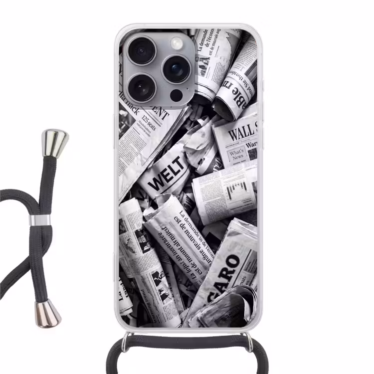 Krant - Stapel - Nieuws - Zwart-wit Hoesje iPhone 16 Pro Max met koord klein -3d