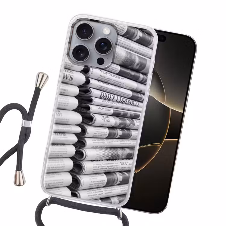 Krant - Stapel - Nieuws - Zwart-wit - Media Hoesje iPhone 16 Pro Max met koord klein -sfeer1