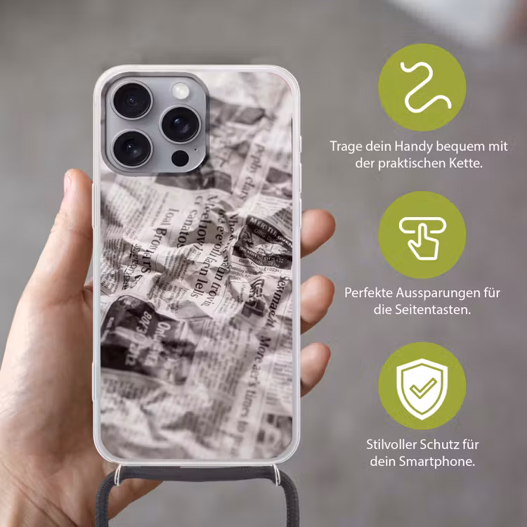 Krant - Gekreukeld - Textuur - Vintage - Zwart-wit Hoesje iPhone 16 Pro Max met koord klein -sfeer2_DE