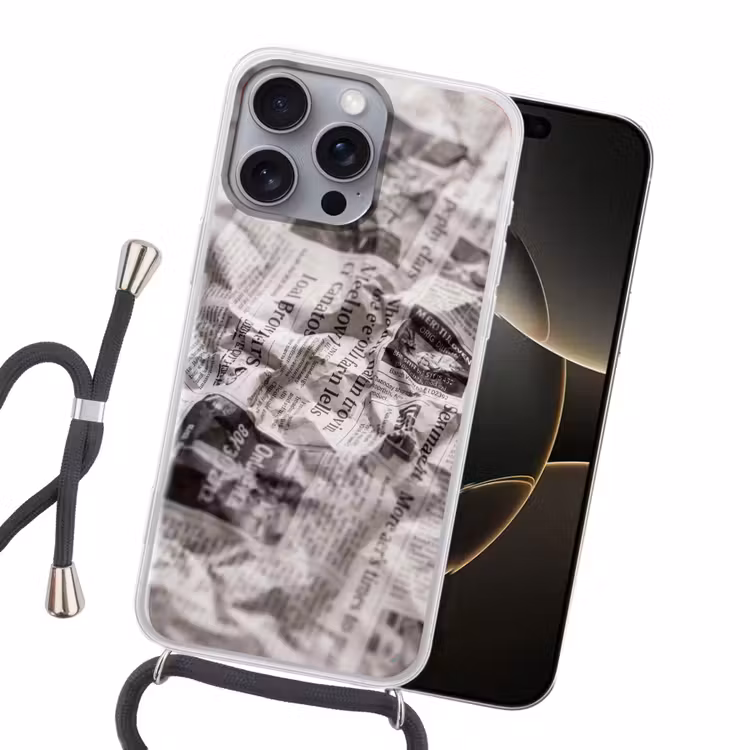 Krant - Gekreukeld - Textuur - Vintage - Zwart-wit Hoesje iPhone 16 Pro Max met koord klein -sfeer1