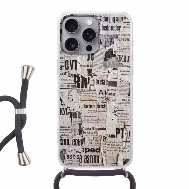 Krant - Gescheurd - Textuur - Abstract - Zwart-wit Hoesje iPhone 16 Pro Max met koord klein -3d
