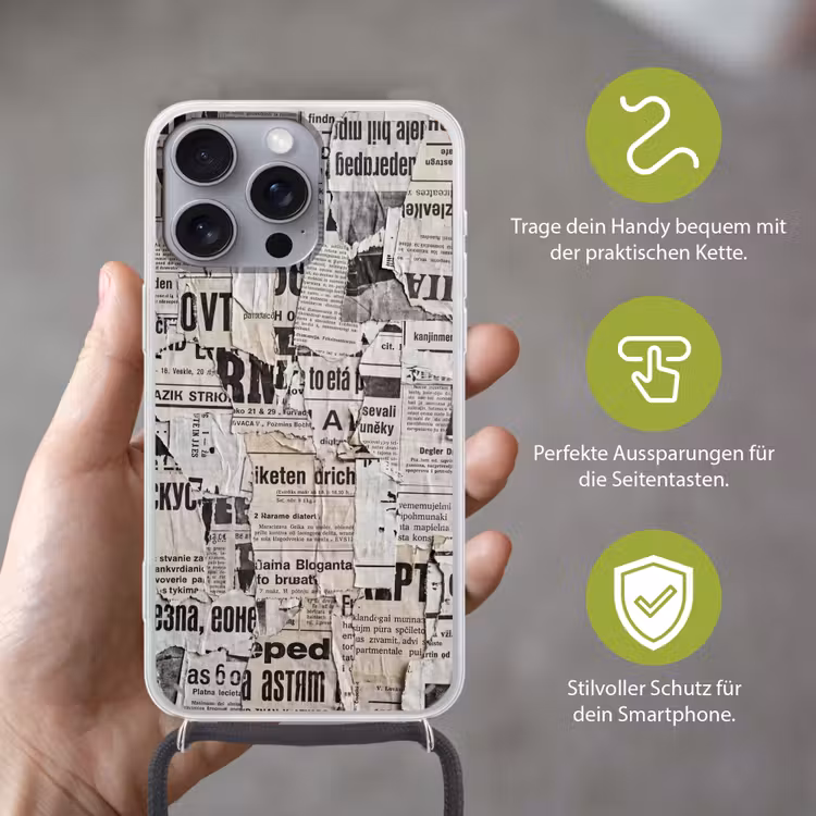Krant - Gescheurd - Textuur - Abstract - Zwart-wit Hoesje iPhone 16 Pro Max met koord klein -sfeer2_DE
