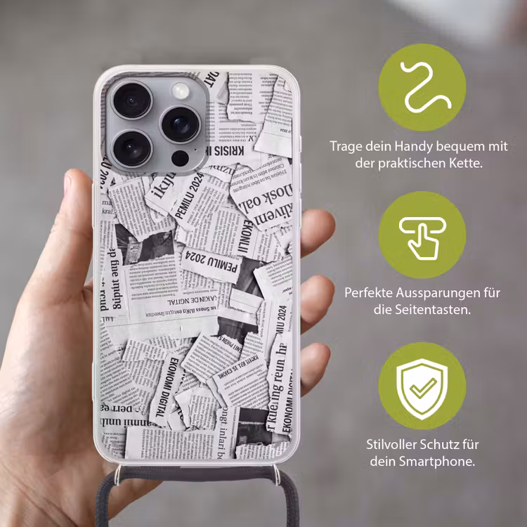 Krant - Versnipperd - Textuur - Zwart-wit - Abstract Hoesje iPhone 16 Pro Max met koord klein -sfeer2_DE