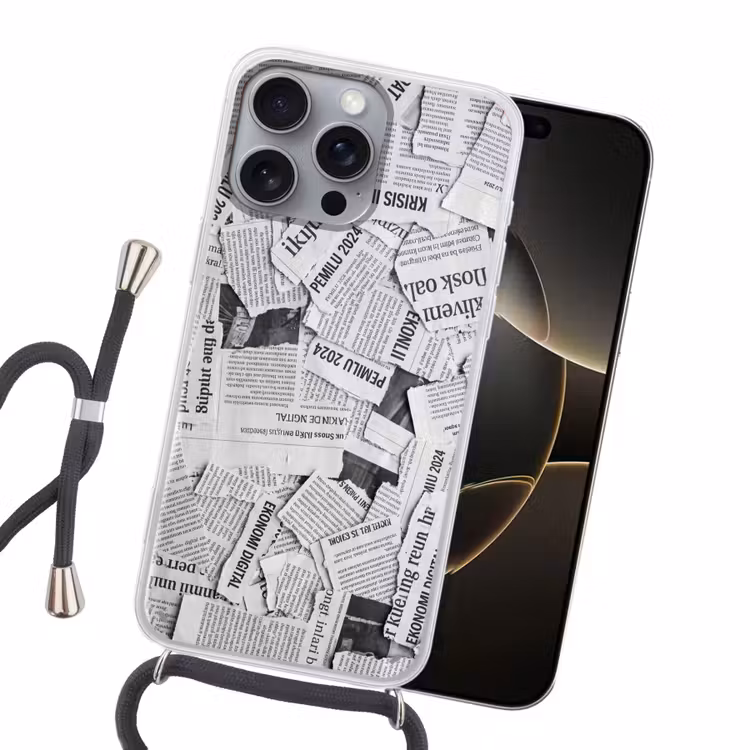 Krant - Versnipperd - Textuur - Zwart-wit - Abstract Hoesje iPhone 16 Pro Max met koord klein -sfeer1