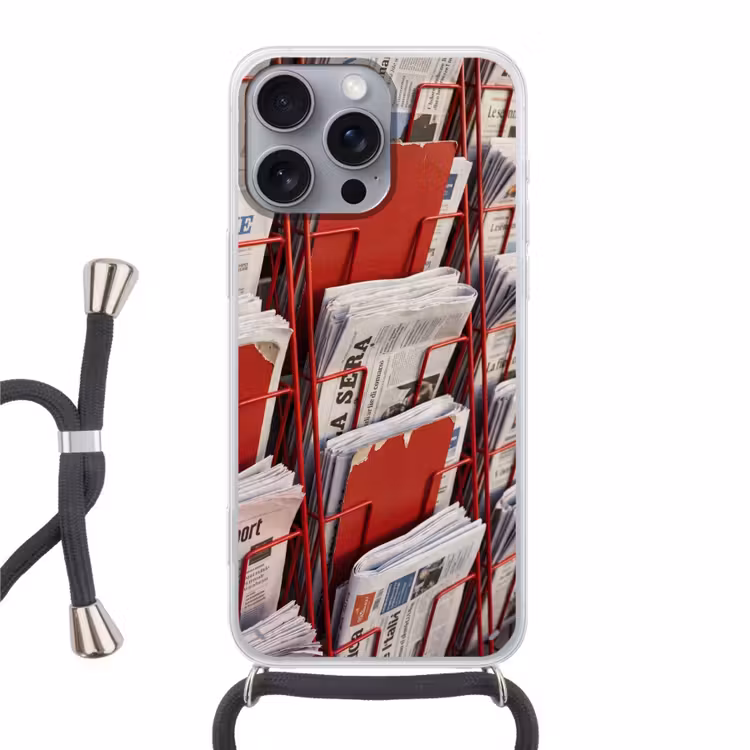 Kranten - Rek - Stedelijk - Dagelijks leven - Rood Hoesje iPhone 16 Pro Max met koord klein -3d