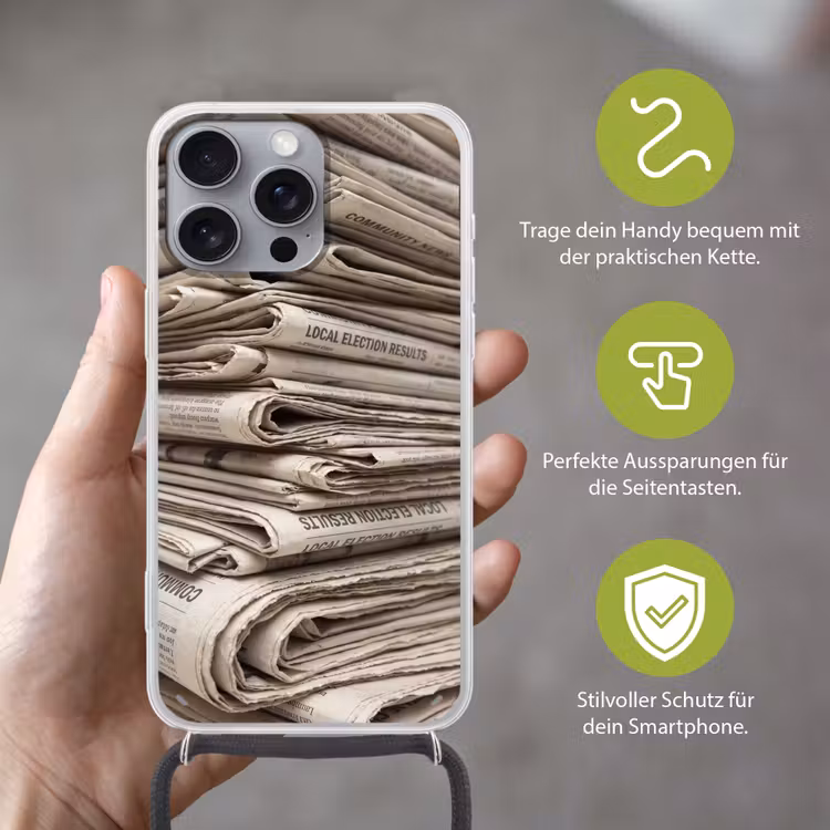 Kranten - Stapel - Nieuws - Vintage - Beige Hoesje iPhone 16 Pro Max met koord klein -sfeer2_DE