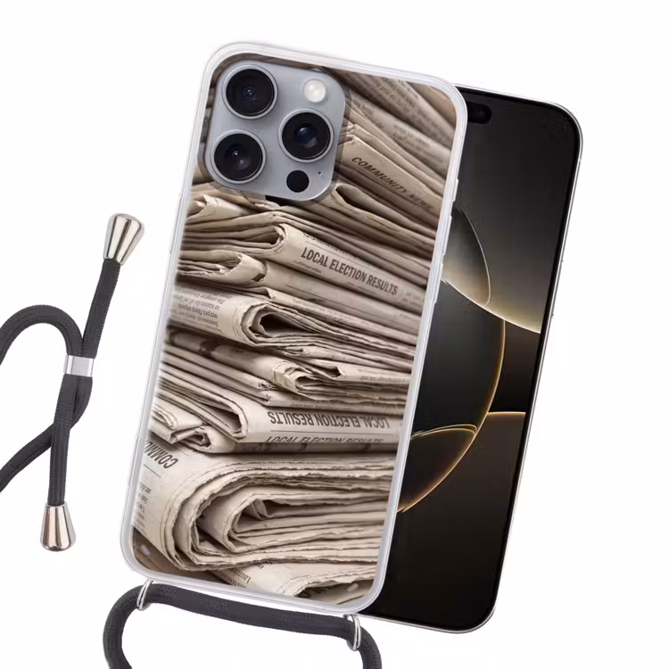 Kranten - Stapel - Nieuws - Vintage - Beige Hoesje iPhone 16 Pro Max met koord klein -sfeer1