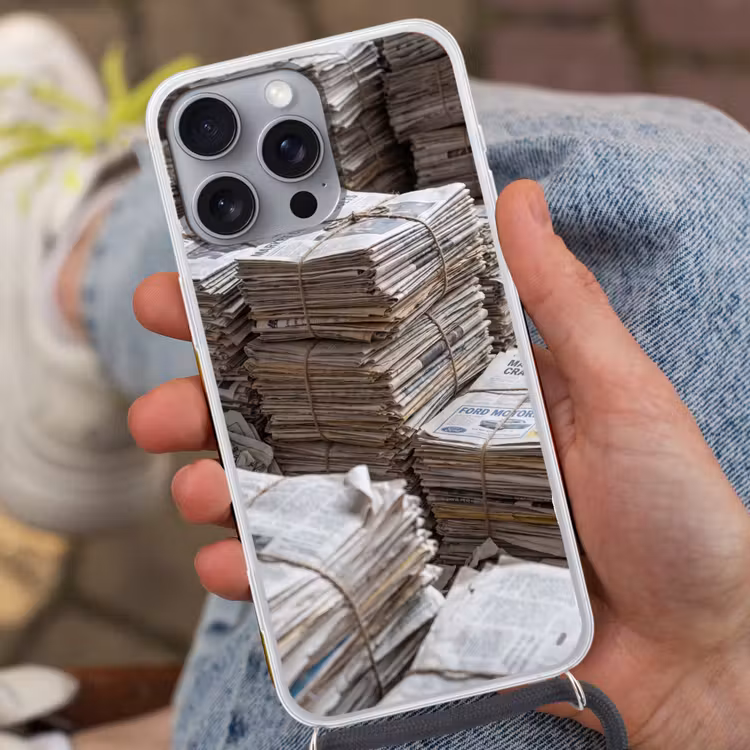 Kranten - Stapels - Touw - Informatie - Vintage Hoesje iPhone 16 Pro Max met koord klein -sfeer3