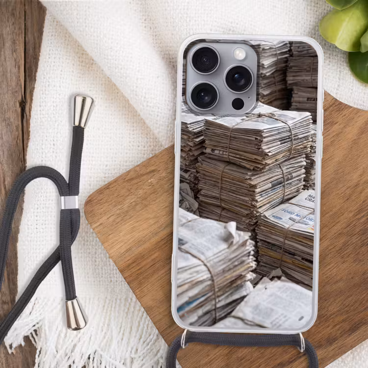 Kranten - Stapels - Touw - Informatie - Vintage Hoesje iPhone 16 Pro Max met koord klein -sfeer4