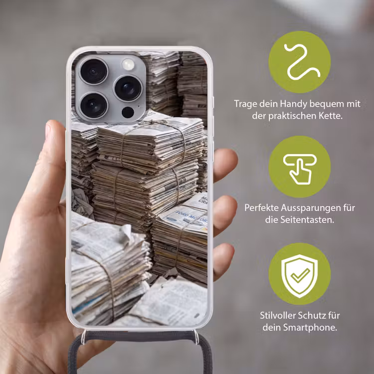 Kranten - Stapels - Touw - Informatie - Vintage Hoesje iPhone 16 Pro Max met koord klein -sfeer2_DE