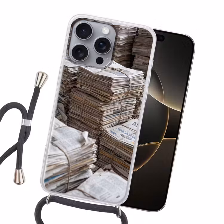 Kranten - Stapels - Touw - Informatie - Vintage Hoesje iPhone 16 Pro Max met koord klein -sfeer1